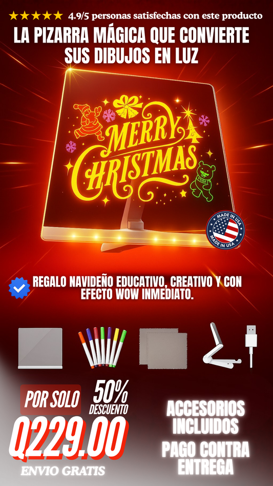 Pizarra Magica LED Navideña de Acrílico – Tablero de Mensajes Luminoso con 7 Marcadores