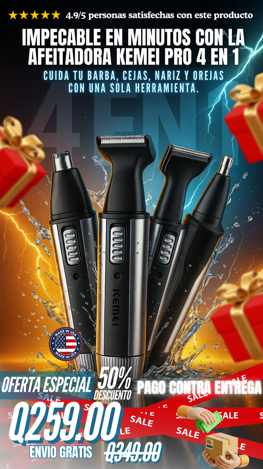 Afeitadora Kemei Pro 4 en 1 – Recortadora Facial, Nariz, Cejas y Barba